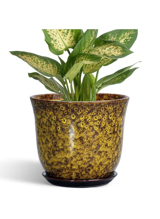 SUNPOTFOR Ceramic Plant Pots - 5.6 Inch Planter with Drainage Hole and Saucer, Succulent Orchid Pots for Indoor Outdoor, Small Round Flower Pot, Room Window Office Decor, House Warming Gifts, Yellow - Image 1
