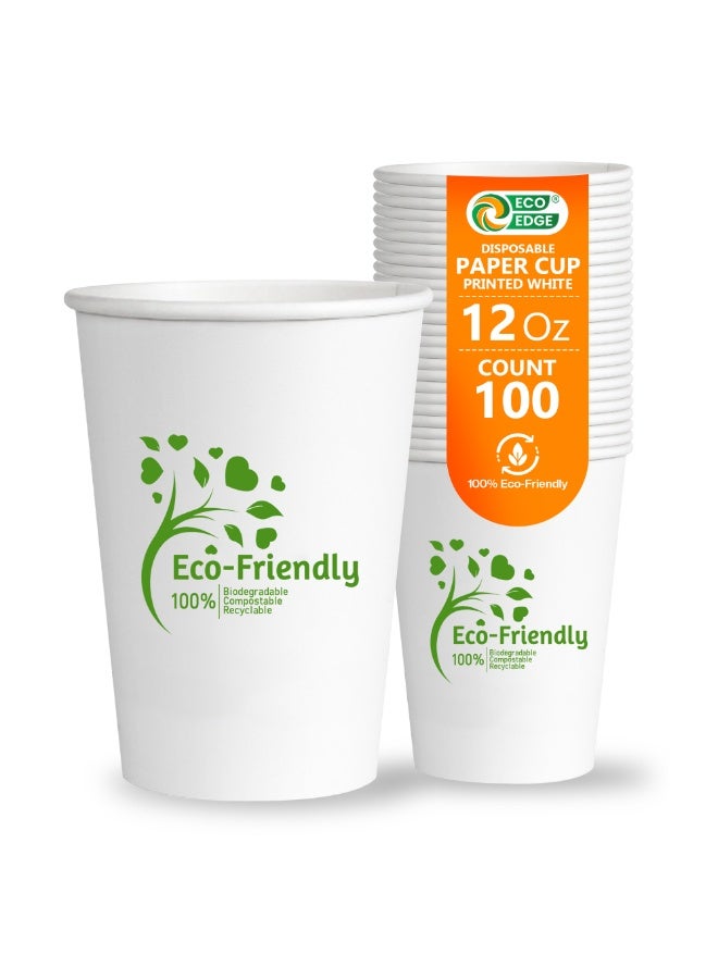 EcoEdge 12 Oz Disposable Heavy-Duty Party Paper Cups (Pack of 100) | For Latte, Juice | Compostable, Insulated, Fancy, Stylish | For Parties, Offices, Events, Take Away, Daily Use | 100% Recyclable - Image 1