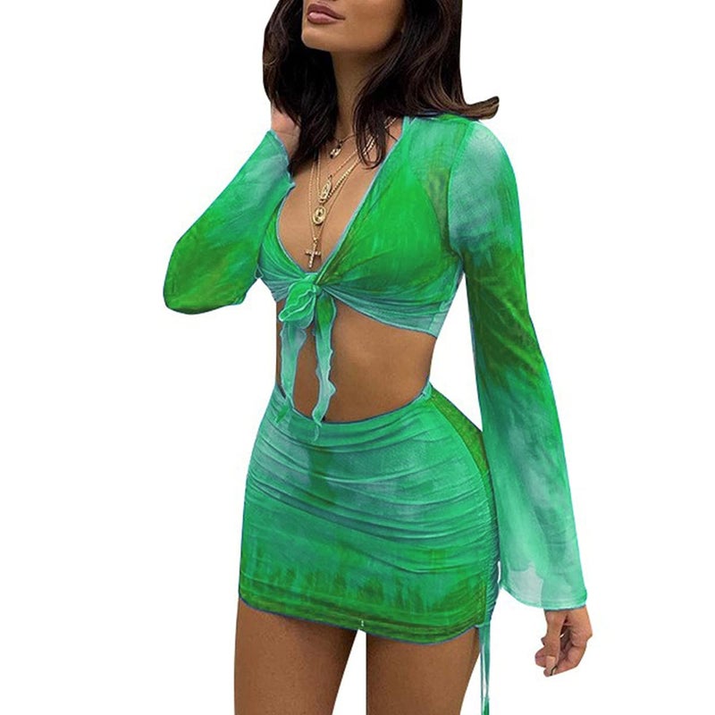 SHESEEWORLD Women's Sexy Long Sleeve 2 Piece Sheer Mesh Cover Up Dress Crop Top Bodycon Ruched Mini Skirt Sets - Image 5