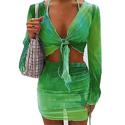 SHESEEWORLD Women's Sexy Long Sleeve 2 Piece Sheer Mesh Cover Up Dress Crop Top Bodycon Ruched Mini Skirt Sets - Image 2