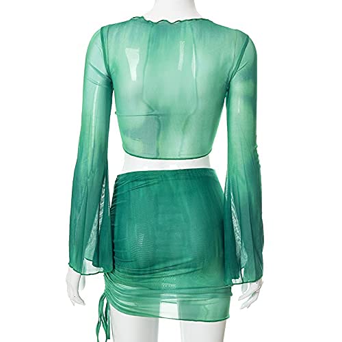 SHESEEWORLD Women's Sexy Long Sleeve 2 Piece Sheer Mesh Cover Up Dress Crop Top Bodycon Ruched Mini Skirt Sets - Image 3
