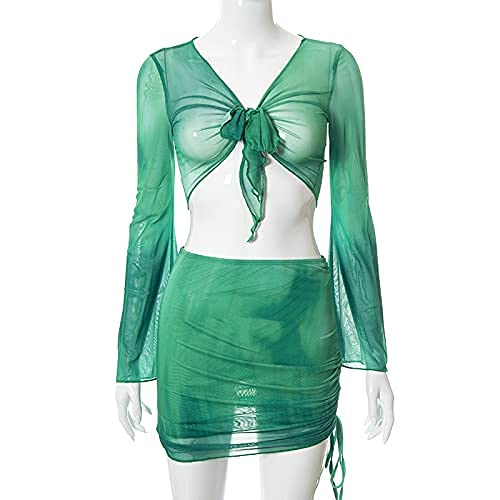 SHESEEWORLD Women's Sexy Long Sleeve 2 Piece Sheer Mesh Cover Up Dress Crop Top Bodycon Ruched Mini Skirt Sets - Image 4