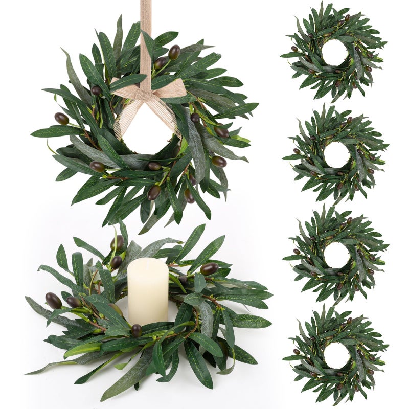 YLOLUL 6 Pcs Artificial Green Olive Candle Rings Wreaths Greenery Wreath with Olive Leaves Spring Summer Kitchen Cabinet Wreath for Pillars Farmhouse Festival Wedding Celebrations Tabletop Decoration - Image 1