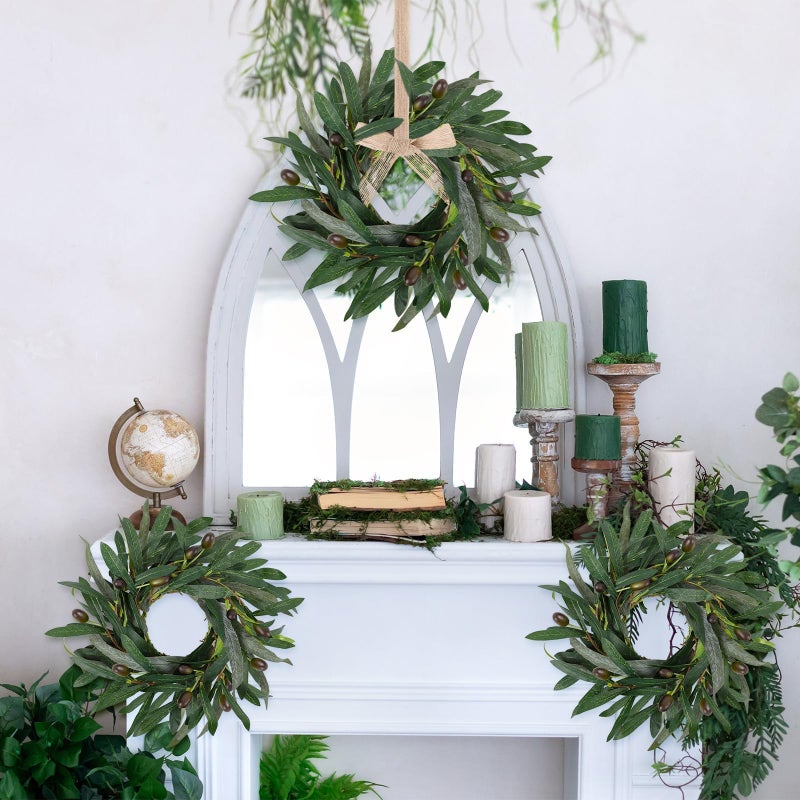 YLOLUL 6 Pcs Artificial Green Olive Candle Rings Wreaths Greenery Wreath with Olive Leaves Spring Summer Kitchen Cabinet Wreath for Pillars Farmhouse Festival Wedding Celebrations Tabletop Decoration - Image 5