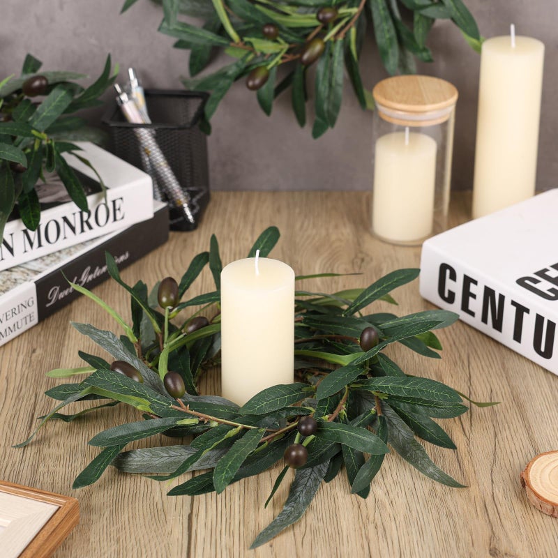 YLOLUL 6 Pcs Artificial Green Olive Candle Rings Wreaths Greenery Wreath with Olive Leaves Spring Summer Kitchen Cabinet Wreath for Pillars Farmhouse Festival Wedding Celebrations Tabletop Decoration - Image 2