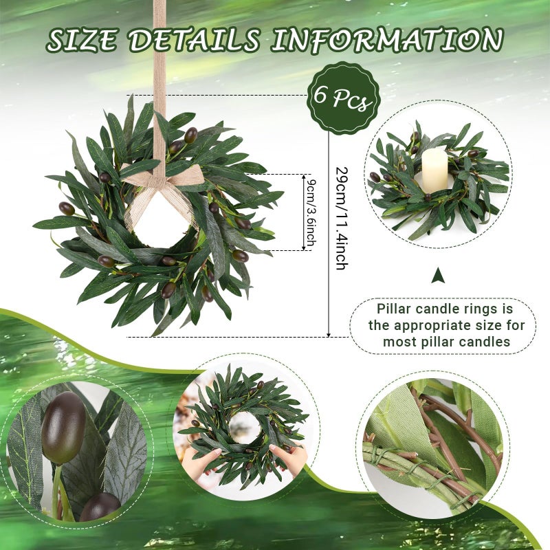 YLOLUL 6 Pcs Artificial Green Olive Candle Rings Wreaths Greenery Wreath with Olive Leaves Spring Summer Kitchen Cabinet Wreath for Pillars Farmhouse Festival Wedding Celebrations Tabletop Decoration - Image 3
