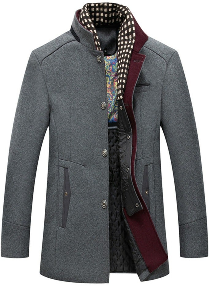 Loquat Men's Wool Blend Coat With Detachable Plaid Scarfs Stand Collar Single Breasted Pea Coat Trench Overcoat Grey 