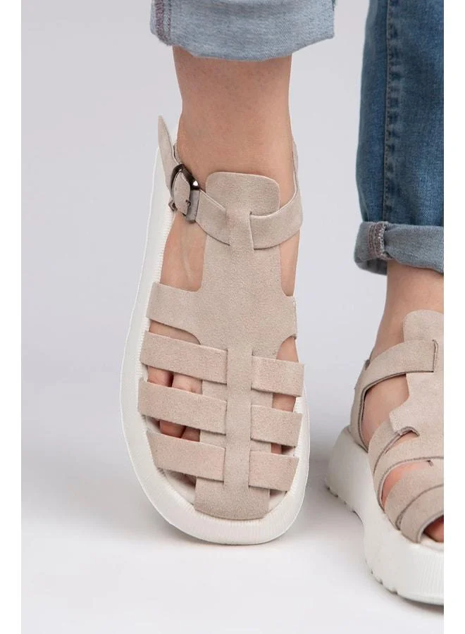 Rosa Women's Genuine Leather Single Buckle Beige - White Sandal.