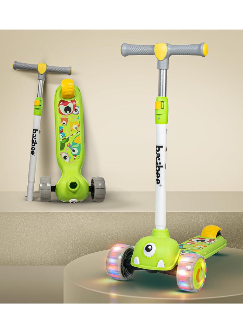 BAYBEE Baybee Skate Scooter for Kids, 3 Wheel Kids Scooter with 3 Height Adjustable Handle, Kick Scooter with Led PU Wheels & Rear Brake, Runner Scooter for Kids 2 to 10 Years Boy Girl Green  - Image 1