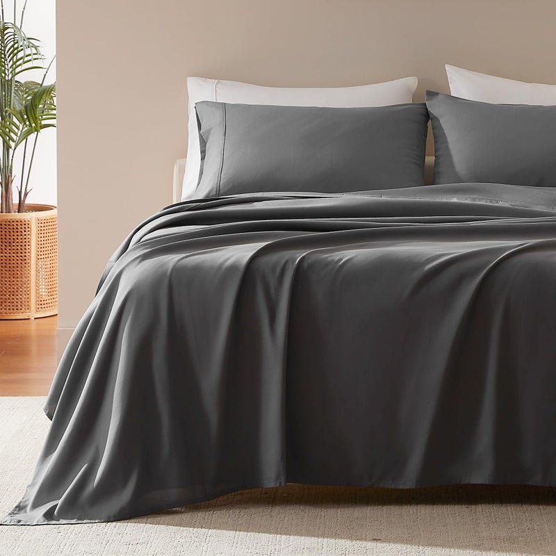 SLEEP ZONE Nanotex Super Soft Cooling Full Size Bed Sheets Set 4 Piece  Easy Care Fitted Flat Sheet  Pillowcase Sets  Wrinkle Free Fade Resistant Deep Pocket 16 Gray Full