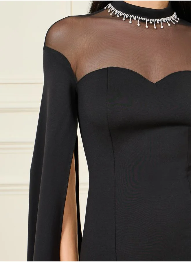 Styli Embellished Neck Mesh Insert Mermaid Dress