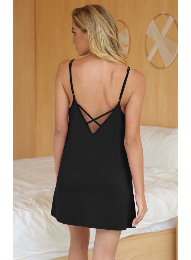 AUHEGN Nightgown for Women Loose Sleepwear V Neck Pajama Dress Soft Nightshirt Sleeveless Nightdress Chemise, Black, M - Image 2