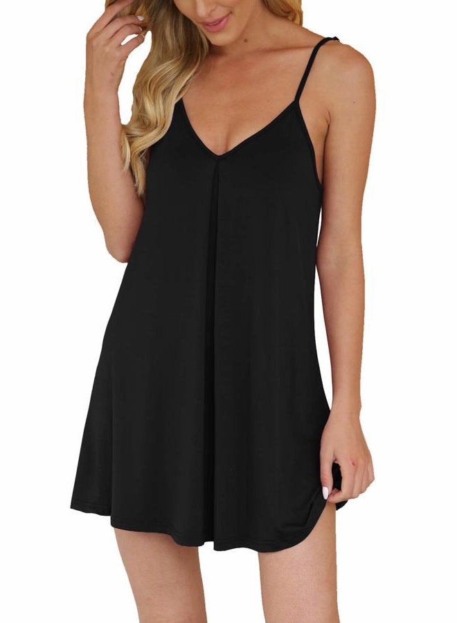 AUHEGN Nightgown for Women Loose Sleepwear V Neck Pajama Dress Soft Nightshirt Sleeveless Nightdress Chemise, Black, M - Image 1