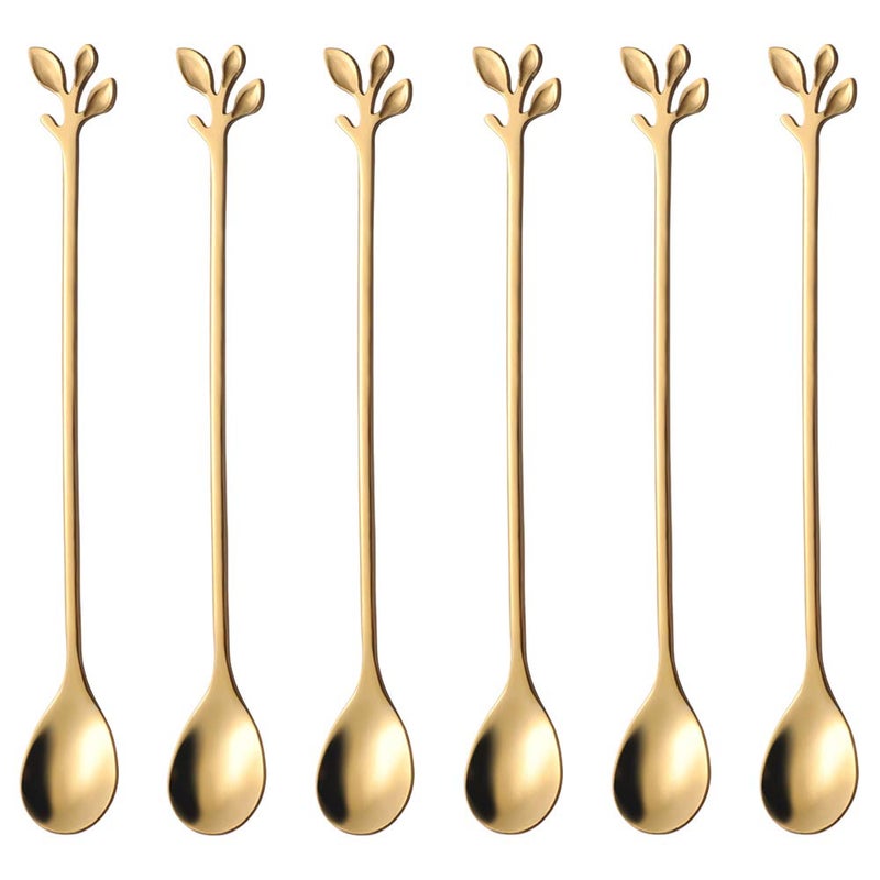 AnSaw 65 Elegant LeafDesign Gold Coffee Tea Spoons Set of 6 Long Handle Stainless Steel Stirring Spoons for Espresso Iced Tea Ideal Coffee Bar Accessories