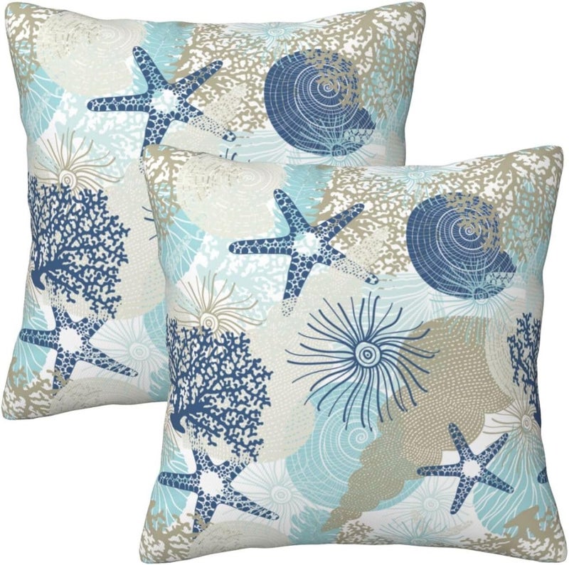 Poream Beach Ocean Starfish Seashell Nautical Coastal Throw Pillow Covers 20x20 in Farmhouse Pillow Case Soft Outdoor Cushion Covers Set of 2 for Sofa Bed Bedroom Car Chair Living Room Home Decorative - Image 1