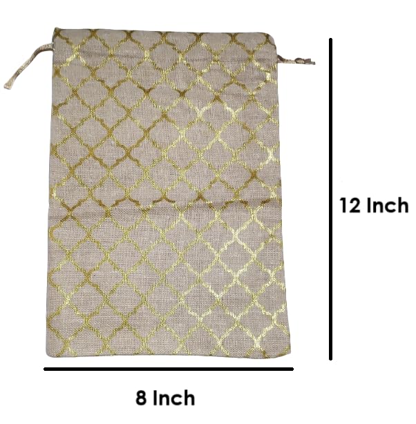 Just Flowers 12Inch X 8Inch Jute Potli Bags Large Size, Drawstring Pouch for Shagun Gifts, Return Gifts, Dry Fruits, Wedding Women Gift Packing (Barfi Deign Print Jute Pouches, Pack of 10) - Image 2