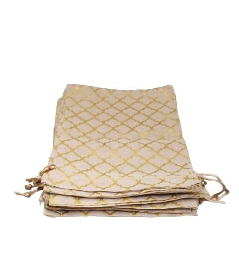 Just Flowers 12Inch X 8Inch Jute Potli Bags Large Size, Drawstring Pouch for Shagun Gifts, Return Gifts, Dry Fruits, Wedding Women Gift Packing (Barfi Deign Print Jute Pouches, Pack of 10) - Image 5