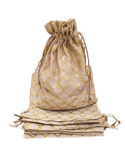 Just Flowers 12Inch X 8Inch Jute Potli Bags Large Size, Drawstring Pouch for Shagun Gifts, Return Gifts, Dry Fruits, Wedding Women Gift Packing (Barfi Deign Print Jute Pouches, Pack of 10) - Image 1