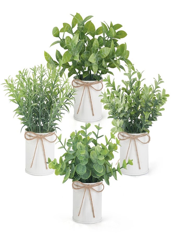 Mkono 4 Packs Small Fake Plants in Farmhouse Galvanized Pots Table Centerpiece Mini Potted Artificial Plants Faux Eucalyptus for Shelf Office Rustic Home Decor (White, Mini-6" H) - Image 1