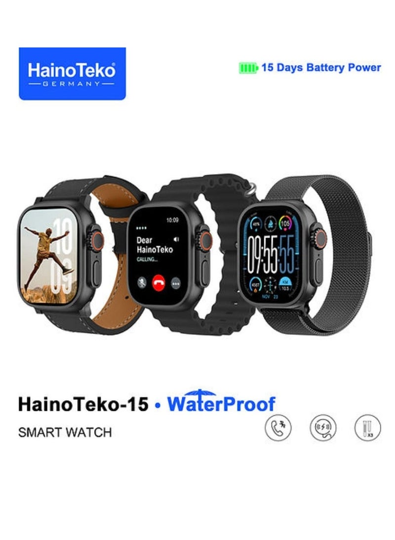 Haino Teko Smart Watch Haino-Teko15 with AMOLED Display Waterproof and 15 Days of Normal Use Battery Power with 3 Pairs Straps Black - Image 1