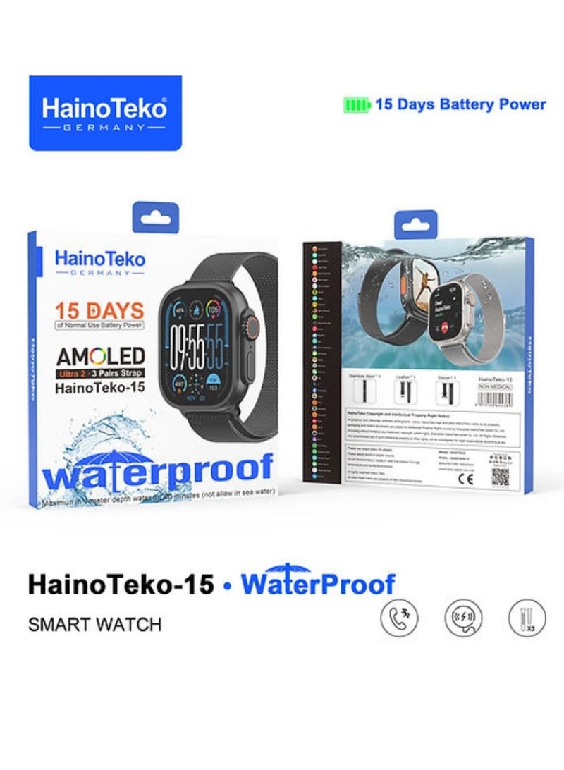 Haino Teko Smart Watch Haino-Teko15 with AMOLED Display Waterproof and 15 Days of Normal Use Battery Power with 3 Pairs Straps Black - Image 3