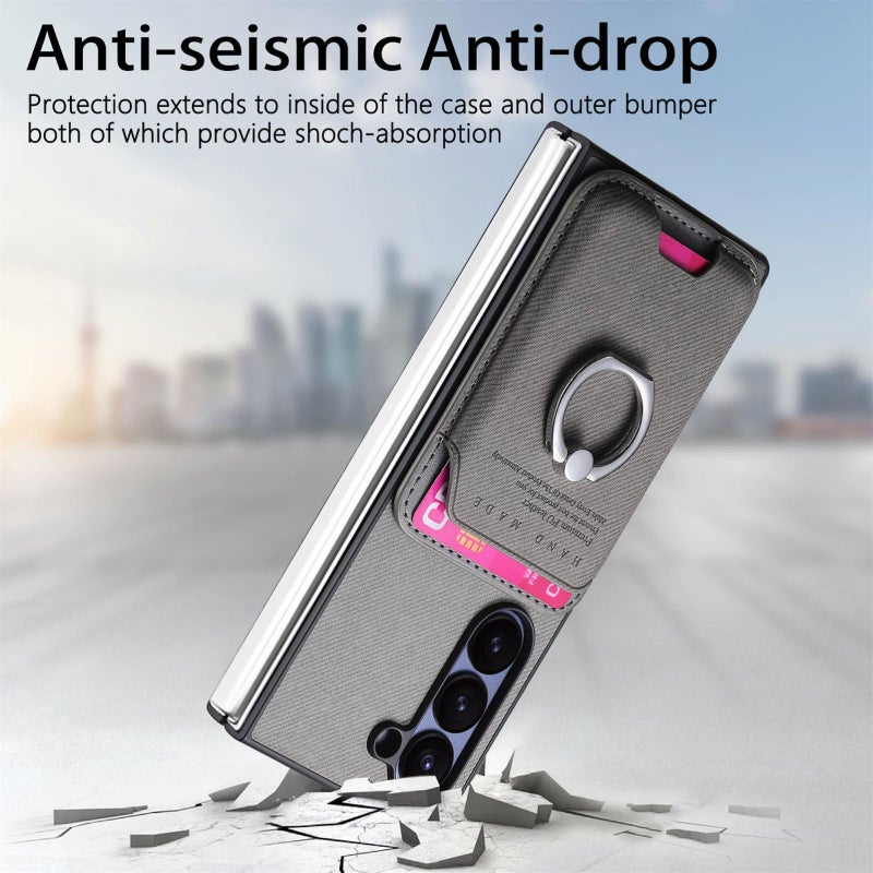 إيروريكس جراب خلفي مغناطيسي لهاتف Samsung Galaxy Z Fold5 5G من القماش المائل مع حلقة للبطاقات (رمادي) - Image 4