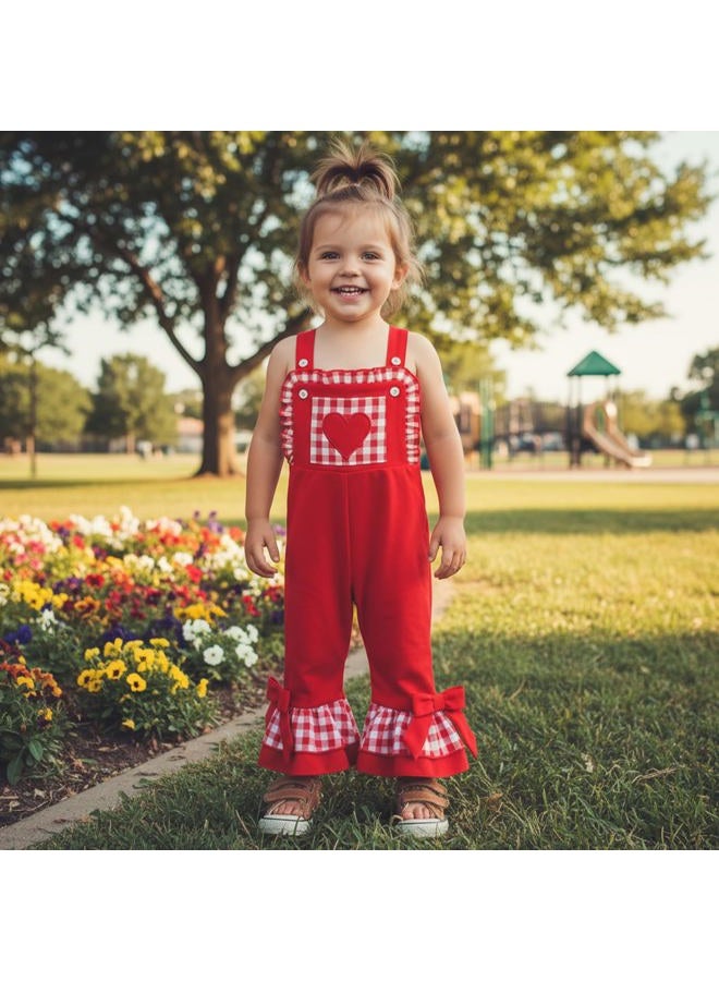 Mieeyali Girls Valentines Day Outfit Overalls Heart Romper Be Mine Love Bell Bottoms Suspender Jumpsuit, Red, 2-3 Years - Image 3