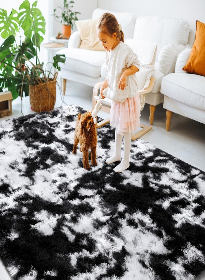 EVOIONOS Black White Tie-dye Rug for Living Room, 4x6 Ft Fluffy Shaggy Bedside Area Rugs for Bedroom, Plush Soft Indoor Floor Carpet for Kids Room Home Decor, Upgraded Non Slip Washable Aesthetic Rug - Image 4