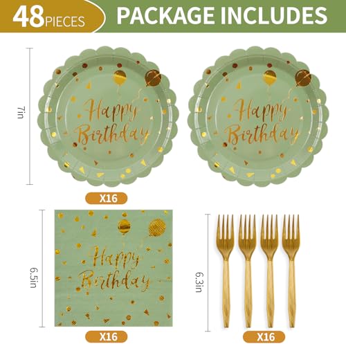 BOKFJBP 48PCS Happy Birthday Plates and Napkins Party Supplies-Disposable Sagegreen and Gold Birthday Scalloped Cake Plates and Napkins with Forks Tableware Set for Birthday Party Decorations 16 Guests - Image 2