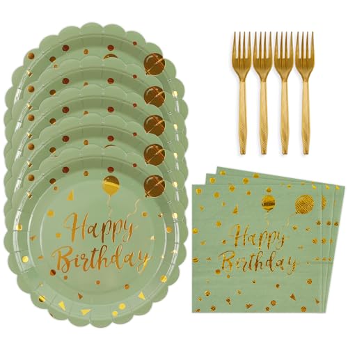 BOKFJBP 48PCS Happy Birthday Plates and Napkins Party Supplies-Disposable Sagegreen and Gold Birthday Scalloped Cake Plates and Napkins with Forks Tableware Set for Birthday Party Decorations 16 Guests - Image 1
