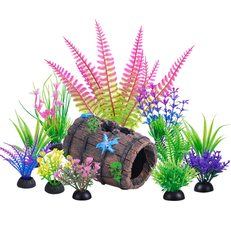 Ameliade Aquarium Plastic Plants Decorations and Fish Tank Broken Barrel Hideout Cave Decor Set Goldfish Betta Small Fish Bowl Ornaments Accessories 12 PCS - Image 1