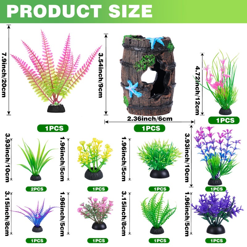 Ameliade Aquarium Plastic Plants Decorations and Fish Tank Broken Barrel Hideout Cave Decor Set Goldfish Betta Small Fish Bowl Ornaments Accessories 12 PCS - Image 2