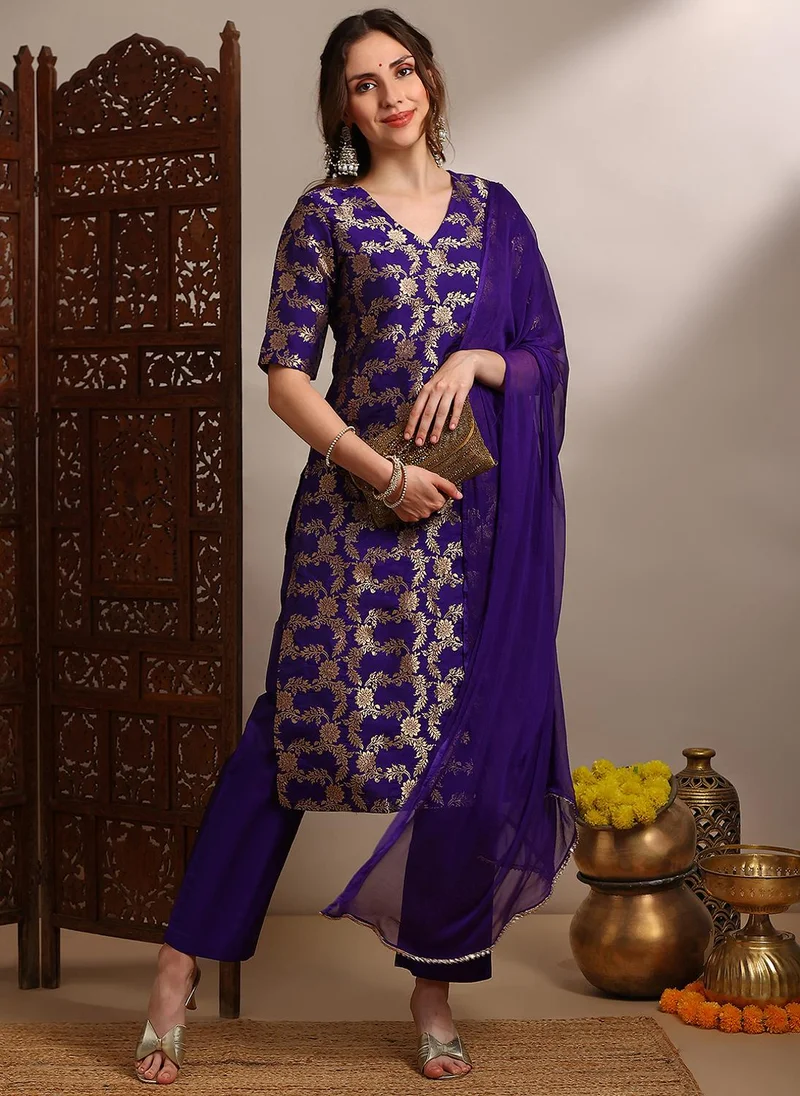 globus Globus Women Purple V-Neck Short Sleeves Floral Woven Design Straight Kurta With Pants & Taping Dupatta Festive Set