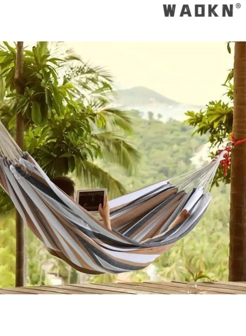 Premium Canvas Single Hammock,Ideal for Outdoor Camping, Indoor Relaxation, and Comfortable, Durable Striped Design with Carry Bag for Easy Storage and Travel Convenience,Maximum Load 200kg