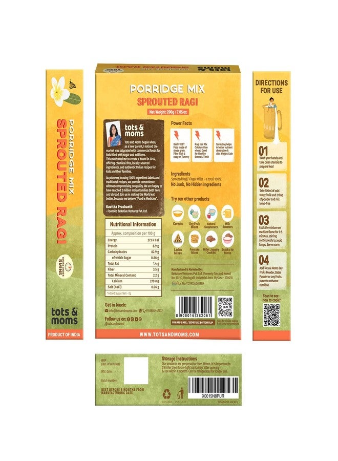 TOTS AND MOMS Sprouted Ragi Powder 200G -nachni/Finger Millet Cereal, Molake Ragi Sari | 10X More Calcium Than Rice And Wheat - Stronger Bones | Porridge Mix For Kids - Image 2