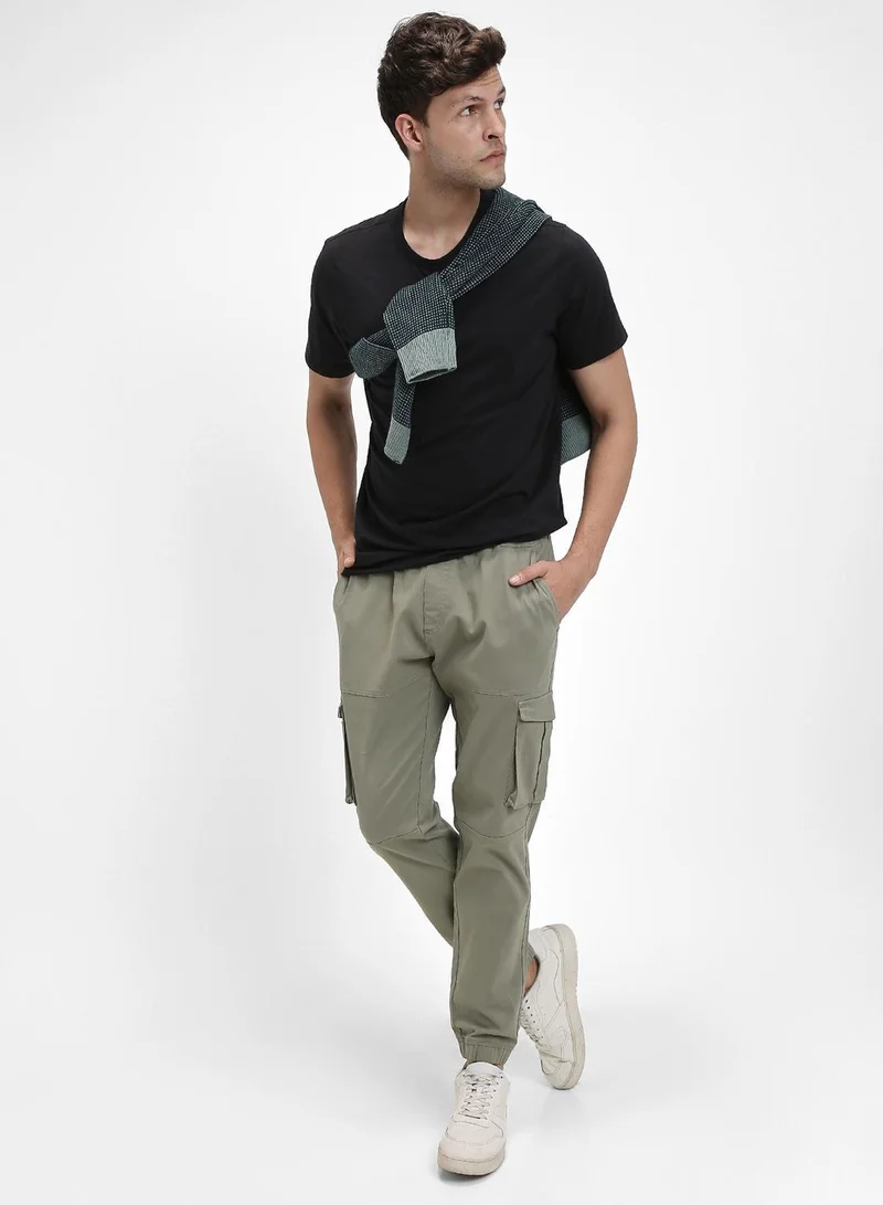 Men'S Sage Green 100% Cotton Solid Pattern Full Length Slim Fit Trouser