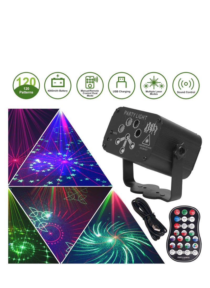 AMINAC - Disco Lights Party Lights 120 Patterns Wireless LED Sound Activated RGB Stage Lights Projector with Remote Control, Timing and Rechargeable Battery - Image 1