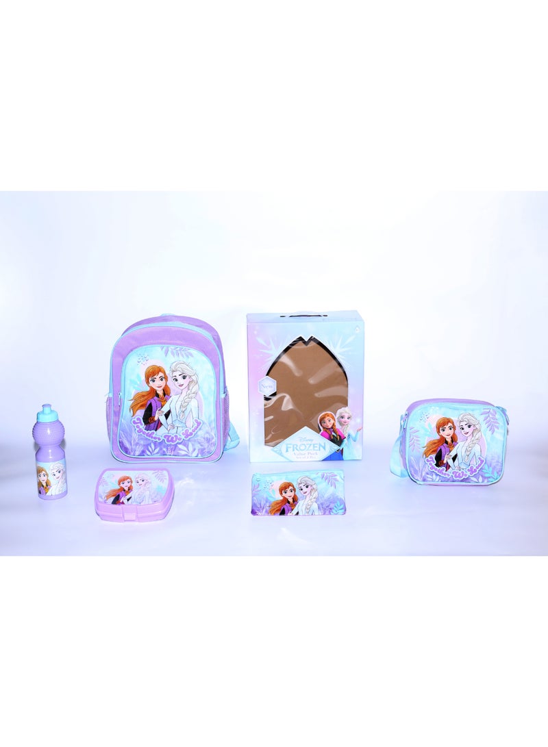 Disney Frozen 5 in 1 Value Pack (14" Backpack with Lunch Box, Lunch bag, Water Bottle and Pencil Case)