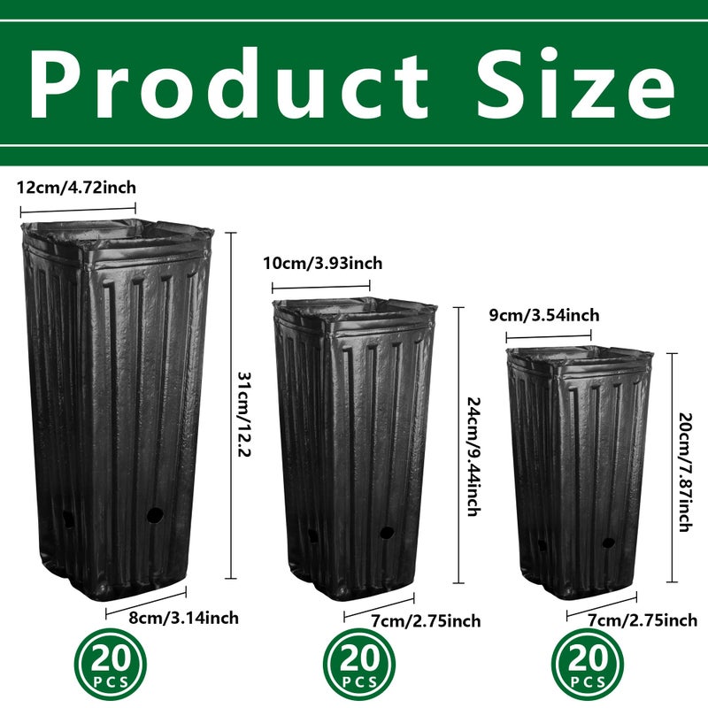 RunNico 60pcs Plastic Deep Plant Nursery Pots,Tall Tree Pots,Black Deep Seedling Container Pots with Drainage Holes for Indoor Outdoor Gardening (3Size-7.8" H+9.4" H+12.2" H) - Image 2