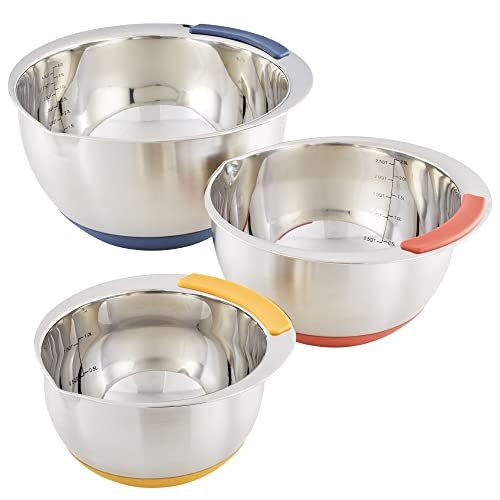 Ayesha Ayesha Curry Kitchenware Pantryware Stainless Steel Nesting Mixing Bowls 3Piece Set Silver with Color Accent Handles