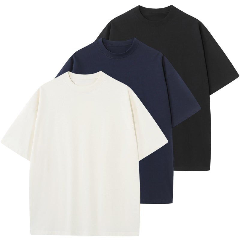 KEEPSHOWING Men's Oversized T-Shirts Cotton Unisex Short Sleeve Tshirts Crew Neck Loose Basic Tops Solid Athletic Tee(WT+NV+BK L) - Image 1