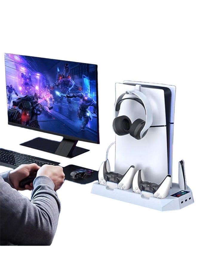 حامل شاحن وحدة تحكم PS5 ومحطة تبريد مزدوجة لجهاز PlayStation 5 وملحقات Sony Slim ومروحة بثلاثة مستويات متوافقة مع PS5/ Slim/Pro وحامل للأقراص ووحدات التحكم الرقمية - Image 1