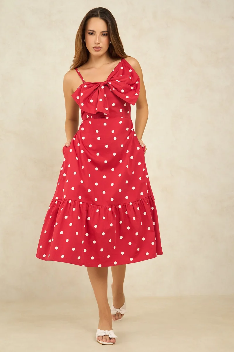 Printed Cotton Red Polka Midi Dress With Big Bow for Women