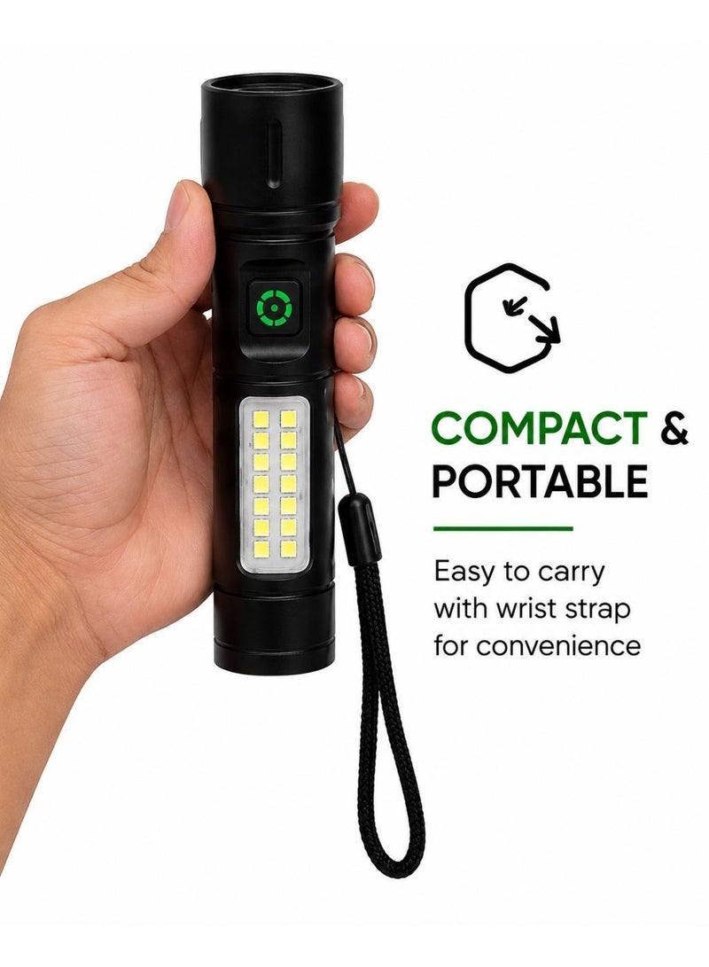 مصباح يدوي LED محمول وقابل للشحن مع ضوء عمل XPE+COB وشحن USB، أسود - Image 4