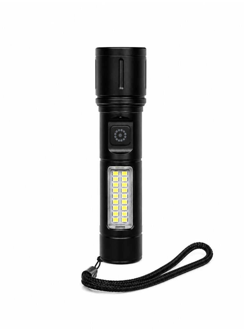مصباح يدوي LED محمول وقابل للشحن مع ضوء عمل XPE+COB وشحن USB، أسود - Image 1