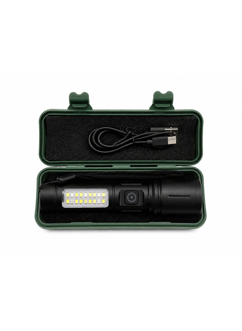 مصباح يدوي LED محمول وقابل للشحن مع ضوء عمل XPE+COB وشحن USB، أسود - Image 3