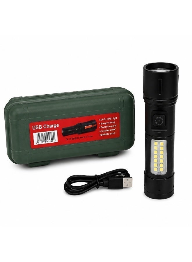 مصباح يدوي LED محمول وقابل للشحن مع ضوء عمل XPE+COB وشحن USB، أسود - Image 2