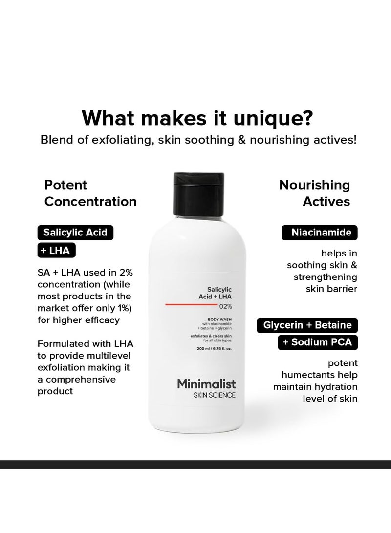 Minimalist 2% Salicylic Acid + LHA Body Wash | Gentle Exfoliating Bodywash for Body Acne, Un-even, Rough & Bumpy Skin | Sulphate (SLS), Dye, & Fragrance Free | Shower Gel for Women & Men | 200 ml - Image 4