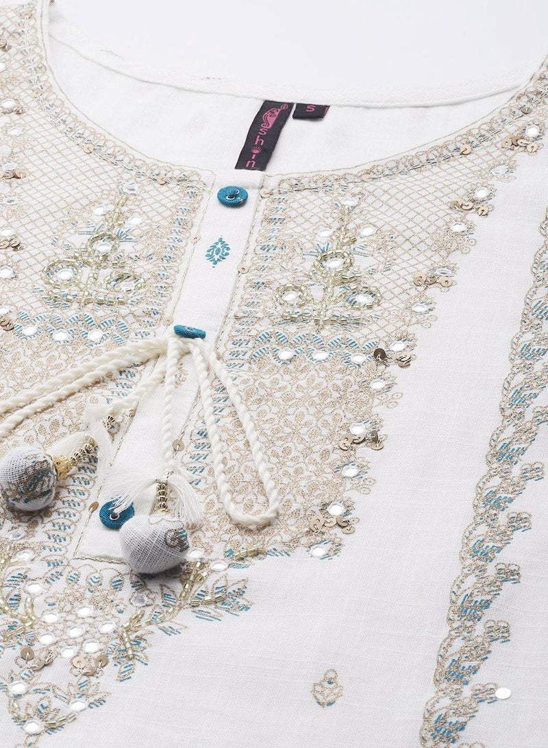 ISHIN Women'S Off White 100% Cotton Embroidered Regular Fit Kurta Set - Image 2