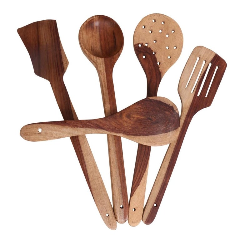 ShopiMoz ShopiMoz Wooden Spatula Ladle Set Pack of 5 for Serving Cooking Spoon for Dosa Chapati Roti Wood Wooden Spatula for Non Stick Pan Wooden Utensils Nonstick Spoon for Cooking - Image 1